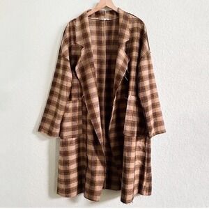 POL Plaid Long Open Front Cardigan Duster Jacket Women's Size S Brown Pink
